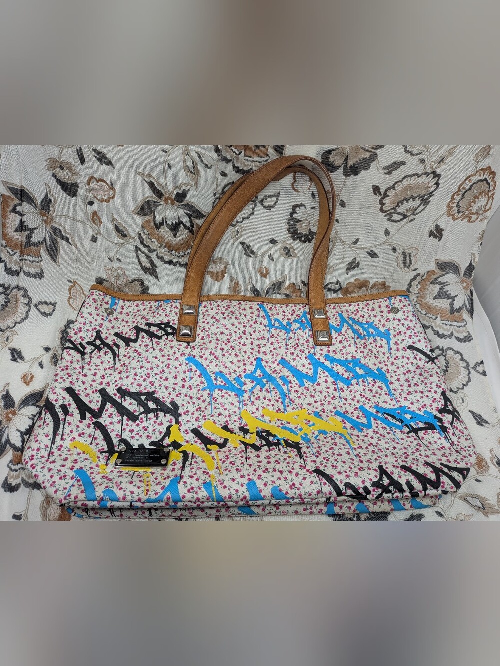 Rare L.A.M.B. Gwen Stefani Y2K Rose Floral Graffiti Drip Print Large Tote Bag